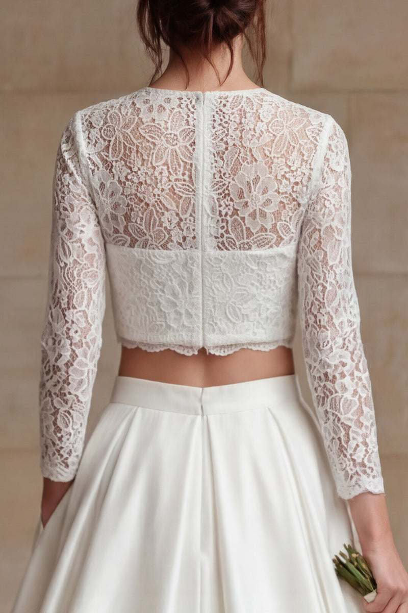 Laden Sie das Bild in den Galerie-Viewer, Elfenbein A-Linie 2-teiliges Brautkleid mit Bateau-Ausschnitt und Spitze