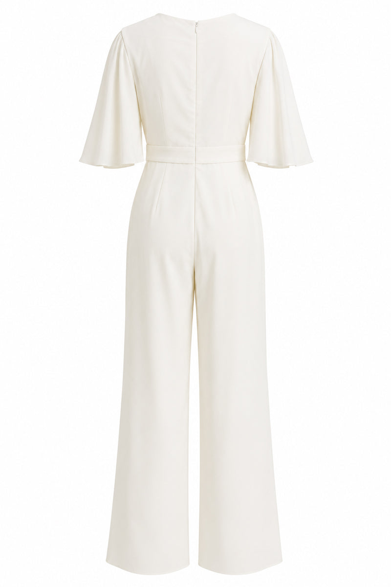 Laden Sie das Bild in den Galerie-Viewer, Einfacher Elfenbein Hochzeits-Jumpsuit mit V-Ausschnitt und Tasche