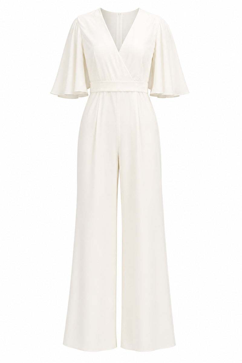 Laden Sie das Bild in den Galerie-Viewer, Einfacher Elfenbein Hochzeits-Jumpsuit mit V-Ausschnitt und Tasche