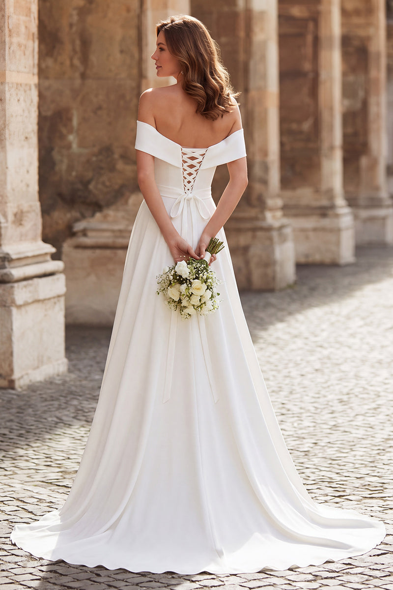 Laden Sie das Bild in den Galerie-Viewer, Elegantes Elfenbein Schulterfreies A-Linie Brautkleid
