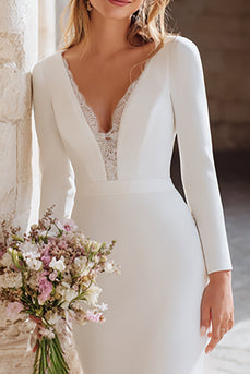 Elfenbein Meerjungfrauen Maxi Brautkleid mit V-Ausschnitt und Ärmeln