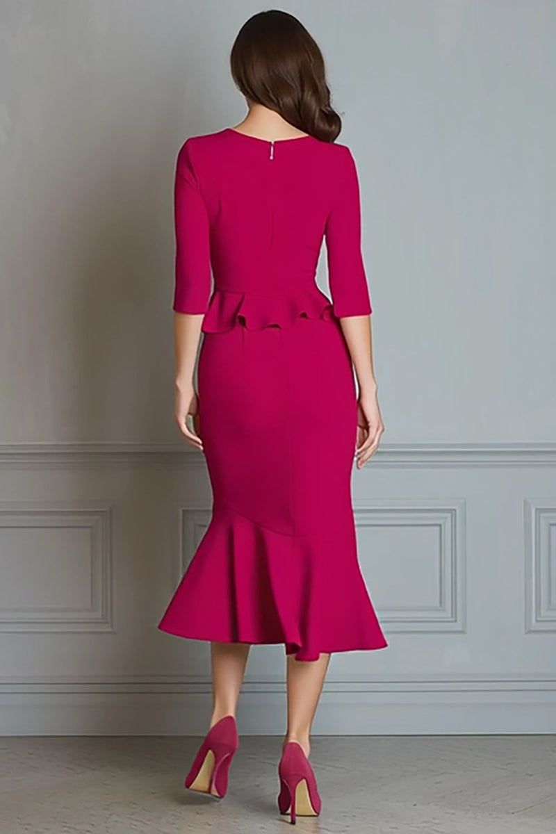 Laden Sie das Bild in den Galerie-Viewer, Fuchsia Meerjungfrau Midi Business Kleid mit Ärmeln und V-Ausschnitt