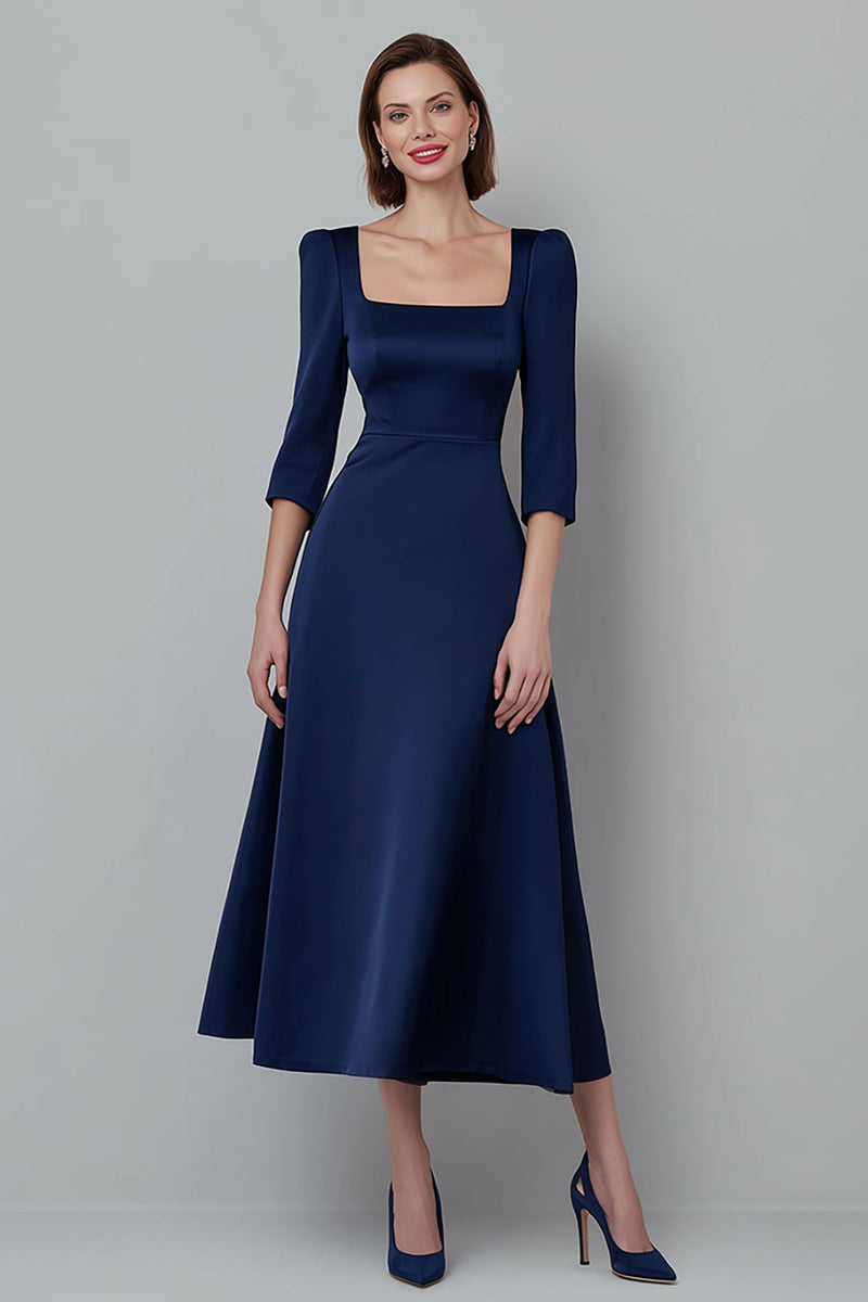 Laden Sie das Bild in den Galerie-Viewer, Marineblaues A-Linie Midi Business Kleid aus Satin mit quadratischem Ausschnitt