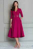 Laden Sie das Bild in den Galerie-Viewer, Fuchsia A-Linie Midi Business Kleid aus Satin mit V-Ausschnitt