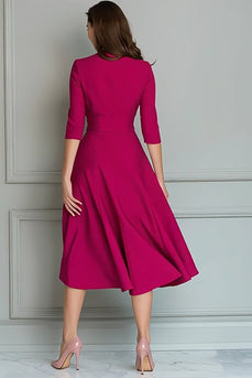 Fuchsia A-Linie Midi Business Kleid aus Satin mit V-Ausschnitt