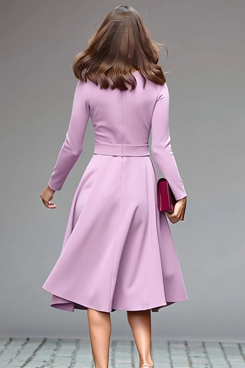 Laden Sie das Bild in den Galerie-Viewer, Flieder A-Linie Midikleid mit Rundhalsausschnitt und Gürtel