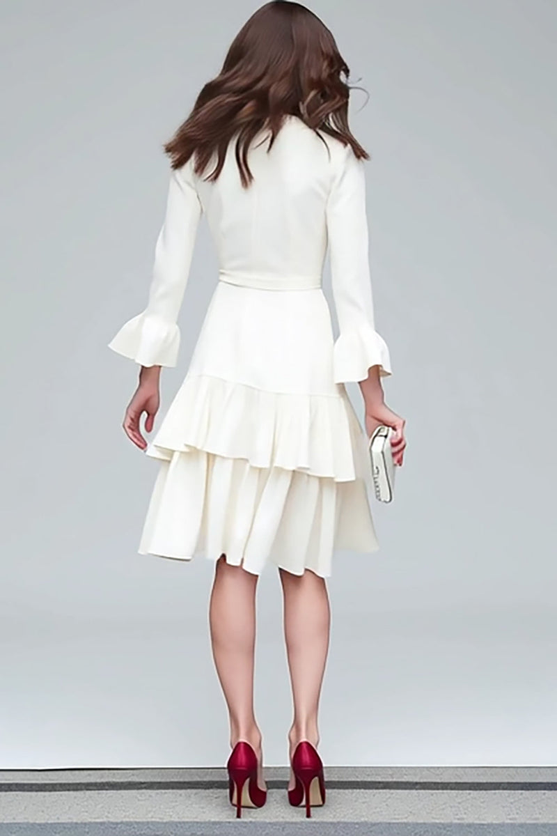 Laden Sie das Bild in den Galerie-Viewer, Elfenbein Etui V-Ausschnitt Midi Business Kleid mit Rüschen und langen Ärmeln