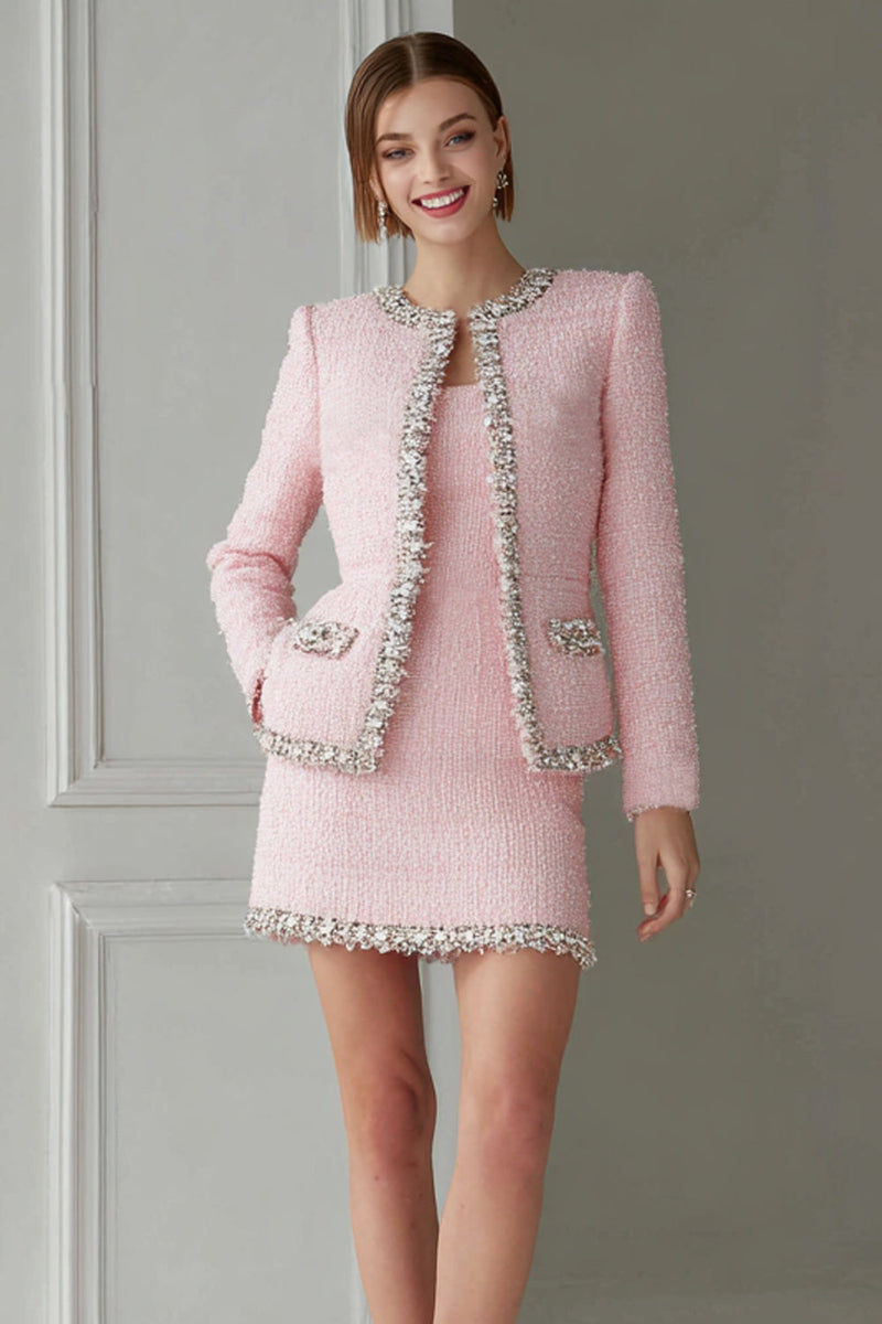 Laden Sie das Bild in den Galerie-Viewer, Rosa 2-teiliges Bodycon Tweed Kurzes Arbeitskleid mit Ärmeln