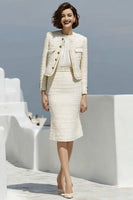 Laden Sie das Bild in den Galerie-Viewer, Elfenbein Bodycon 2-teiliges Arbeitskleid mit Rundhalsausschnitt