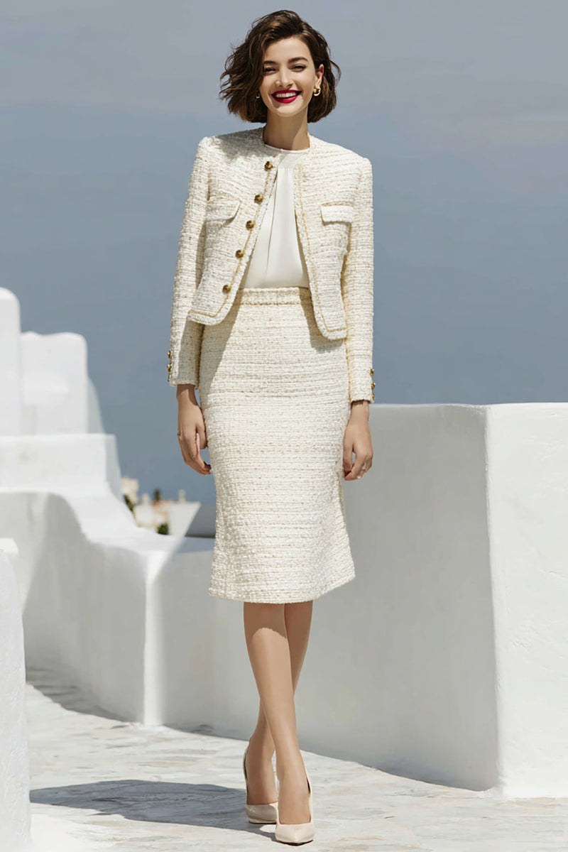 Laden Sie das Bild in den Galerie-Viewer, Elfenbein Bodycon 2-teiliges Arbeitskleid mit Rundhalsausschnitt