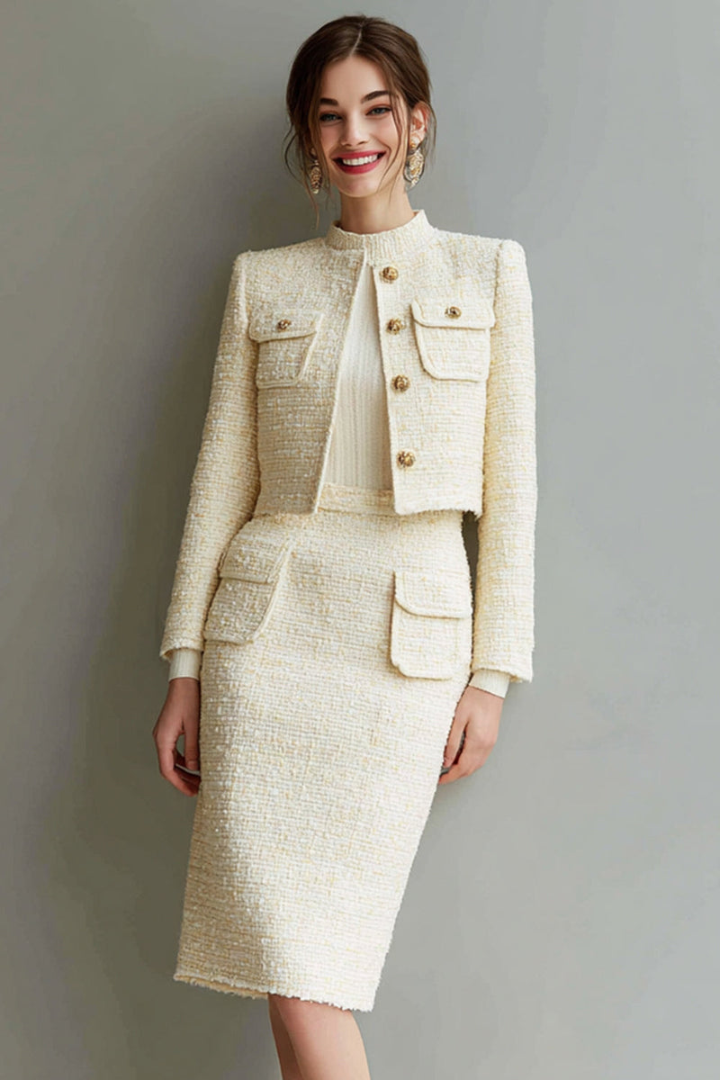 Laden Sie das Bild in den Galerie-Viewer, Elfenbein Bodycon 2-teiliges Langärmeliges Arbeitskleid