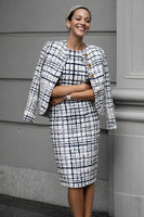 Laden Sie das Bild in den Galerie-Viewer, 2-teiliges Mix Schwarzes Gitter Tweed Arbeitskleid mit Bleistift