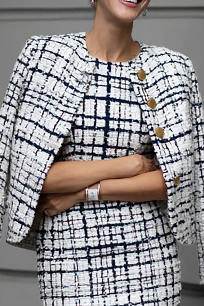 Laden Sie das Bild in den Galerie-Viewer, 2-teiliges Mix Schwarzes Gitter Tweed Arbeitskleid mit Bleistift