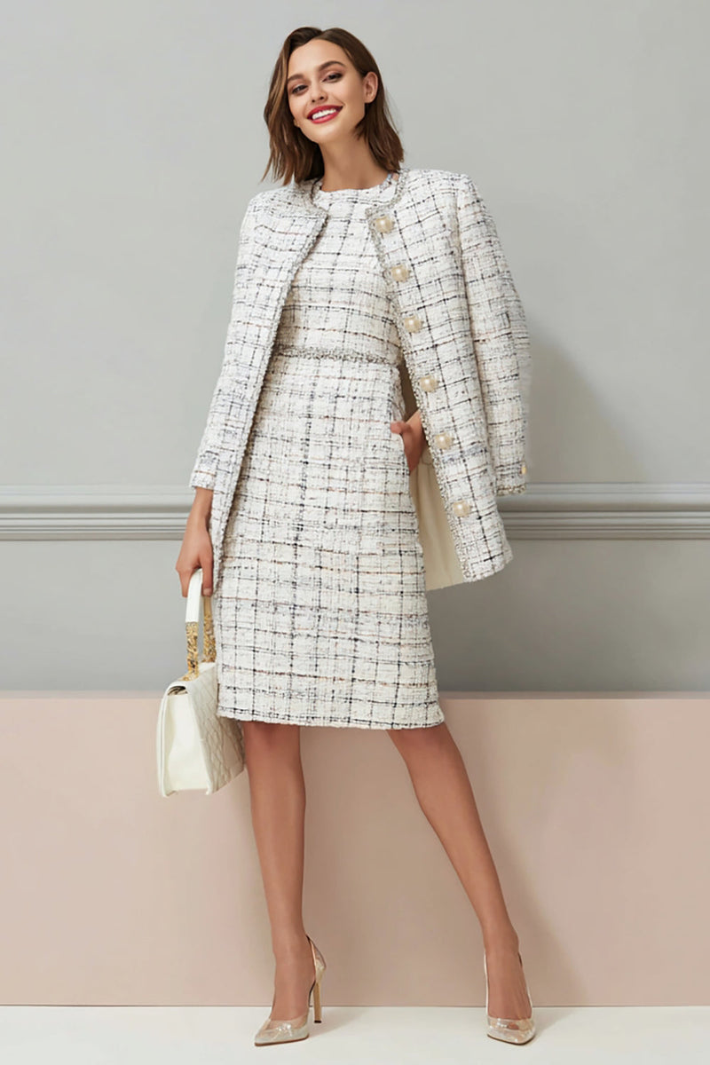 Laden Sie das Bild in den Galerie-Viewer, Mix Schwarzes 2-teiliges Midi Arbeitskleid aus Grid-Tweed