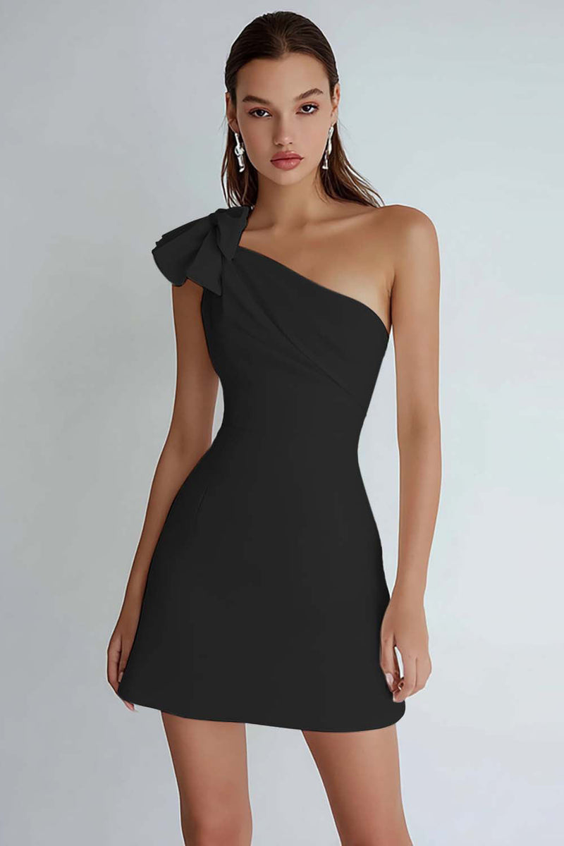 Laden Sie das Bild in den Galerie-Viewer, Eine Schulter A Linie Kleines weißes Kleid mit Schleife