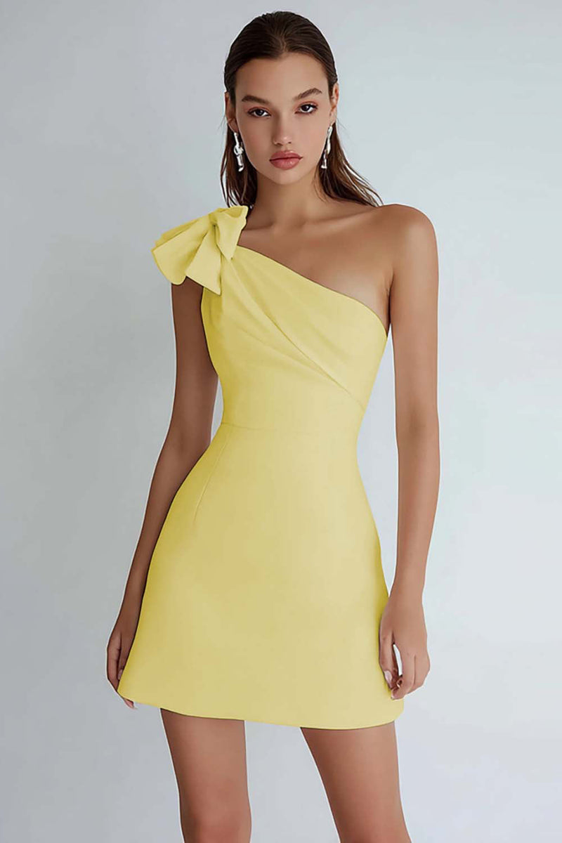 Laden Sie das Bild in den Galerie-Viewer, Eine Schulter A Linie Kleines weißes Kleid mit Schleife