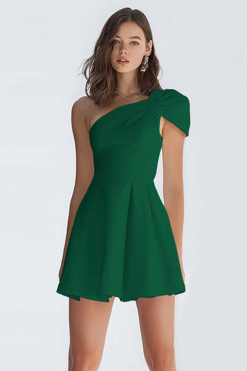 Laden Sie das Bild in den Galerie-Viewer, Kleines Weißes Satin Kleid mit einer Schulter in A-Linie