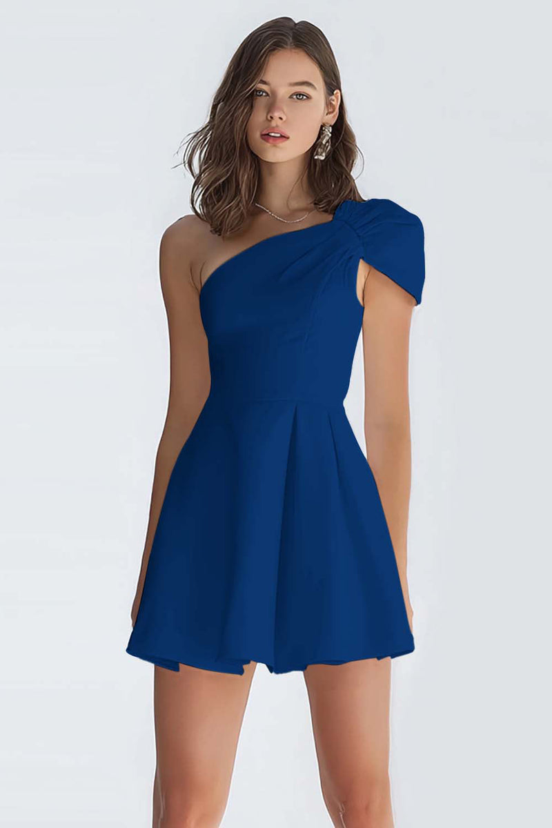 Laden Sie das Bild in den Galerie-Viewer, Kleines Weißes Satin Kleid mit einer Schulter in A-Linie