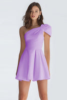 Laden Sie das Bild in den Galerie-Viewer, Kleines Weißes Satin Kleid mit einer Schulter in A-Linie