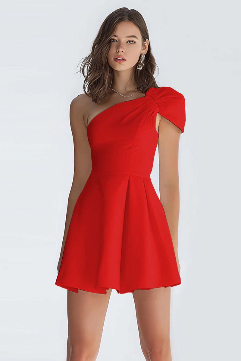 Laden Sie das Bild in den Galerie-Viewer, Kleines Weißes Satin Kleid mit einer Schulter in A-Linie