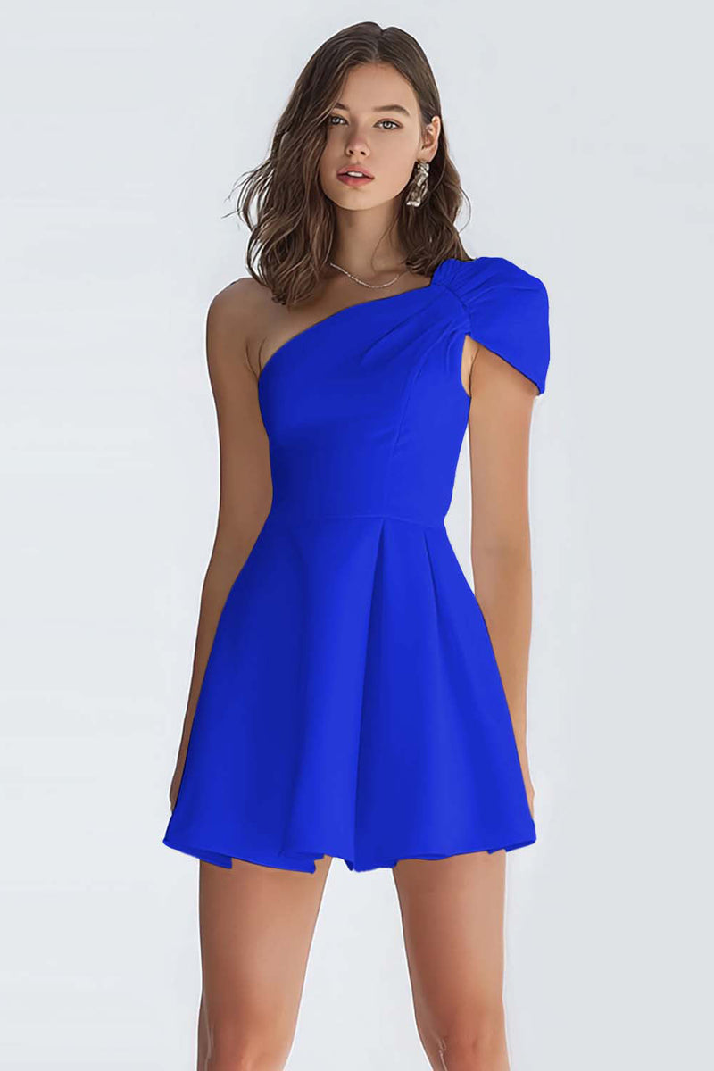 Laden Sie das Bild in den Galerie-Viewer, Kleines Weißes Satin Kleid mit einer Schulter in A-Linie