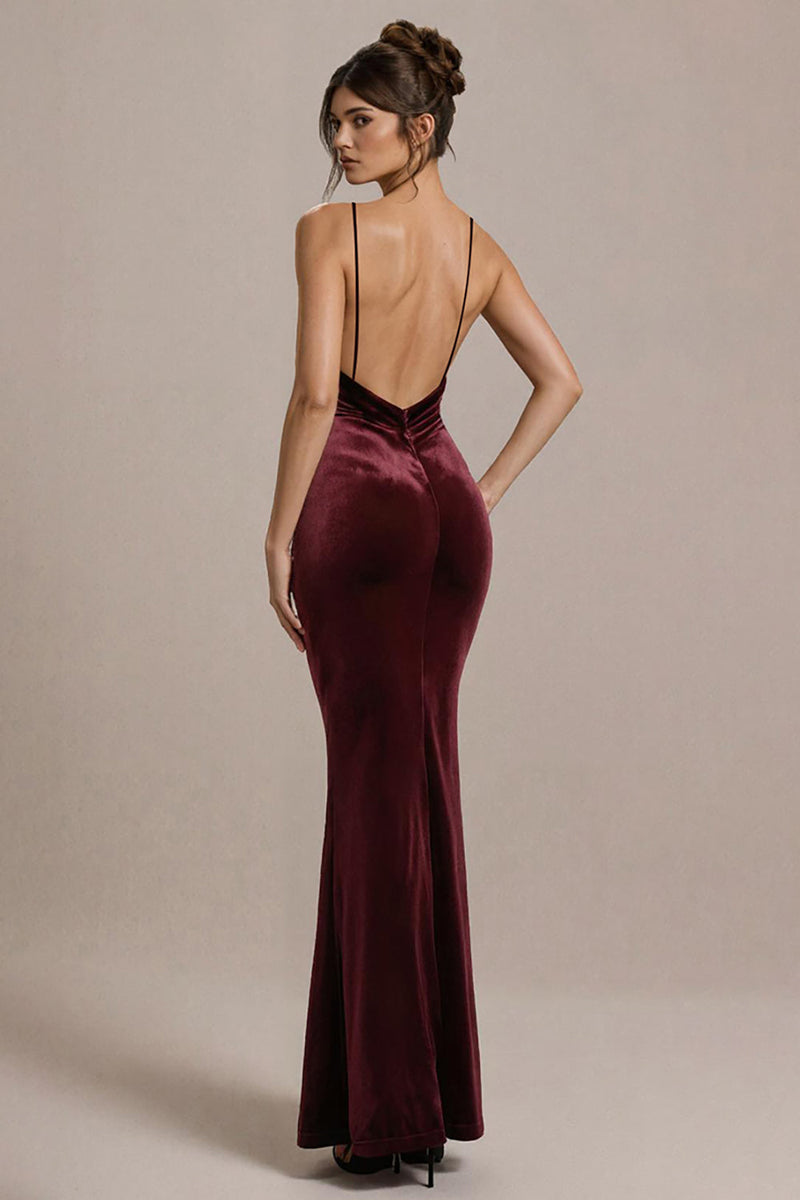 Laden Sie das Bild in den Galerie-Viewer, Burgunder Spaghettiträger Meerjungfrau Ballkleid aus Samt