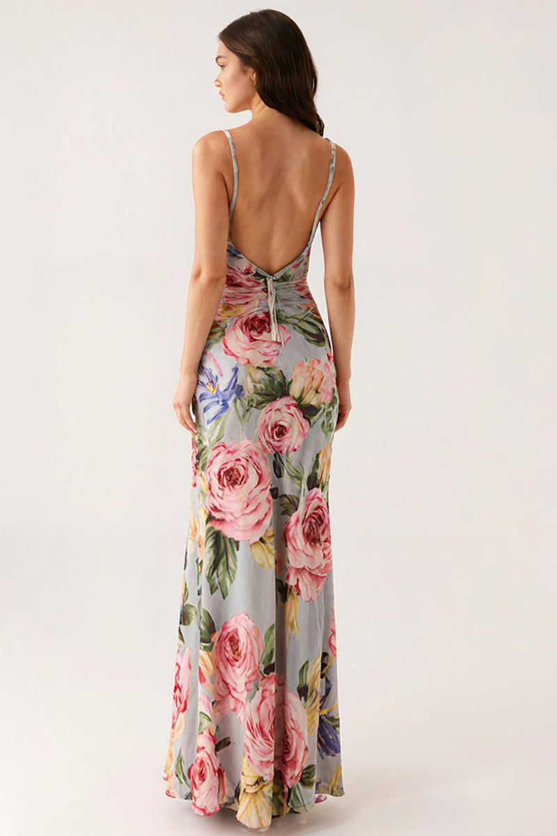 Laden Sie das Bild in den Galerie-Viewer, Grau Blau Blumen Spaghettiträger Meerjungfrau Abendkleid