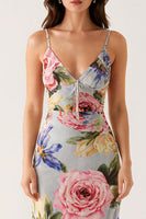 Laden Sie das Bild in den Galerie-Viewer, Grau Blau Blumen Spaghettiträger Meerjungfrau Abendkleid