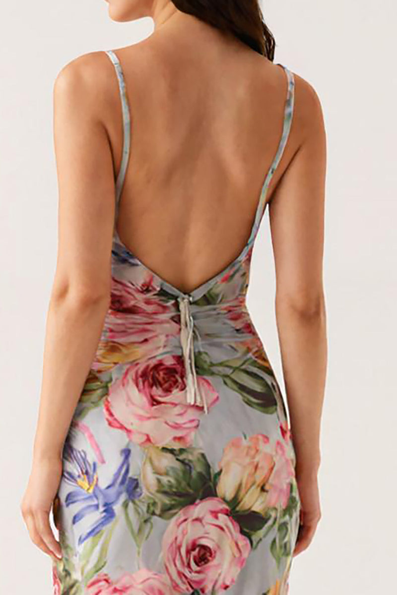 Laden Sie das Bild in den Galerie-Viewer, Grau Blau Blumen Spaghettiträger Meerjungfrau Abendkleid