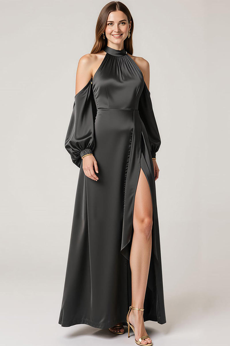 Laden Sie das Bild in den Galerie-Viewer, Neckholder Schwarzes Satin Ballkleid mit Schlitz