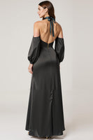 Laden Sie das Bild in den Galerie-Viewer, Neckholder Schwarzes Satin Ballkleid mit Schlitz