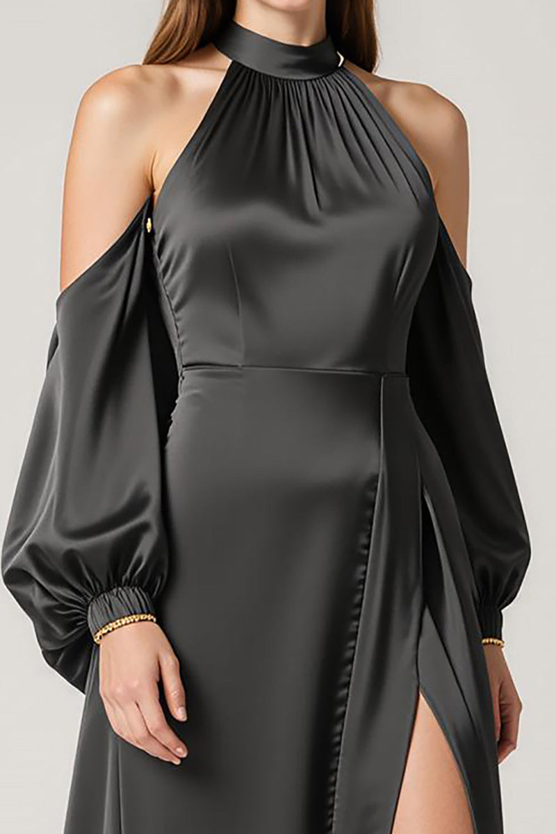 Laden Sie das Bild in den Galerie-Viewer, Neckholder Schwarzes Satin Ballkleid mit Schlitz