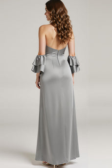 Neckholder Graues Satin Ballkleid mit Schlitz