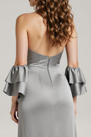 Laden Sie das Bild in den Galerie-Viewer, Neckholder Graues Satin Ballkleid mit Schlitz
