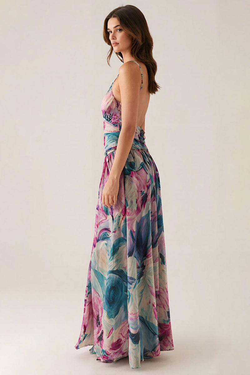 Laden Sie das Bild in den Galerie-Viewer, Lila Spaghettiträger Bedrucktes Ballkleid