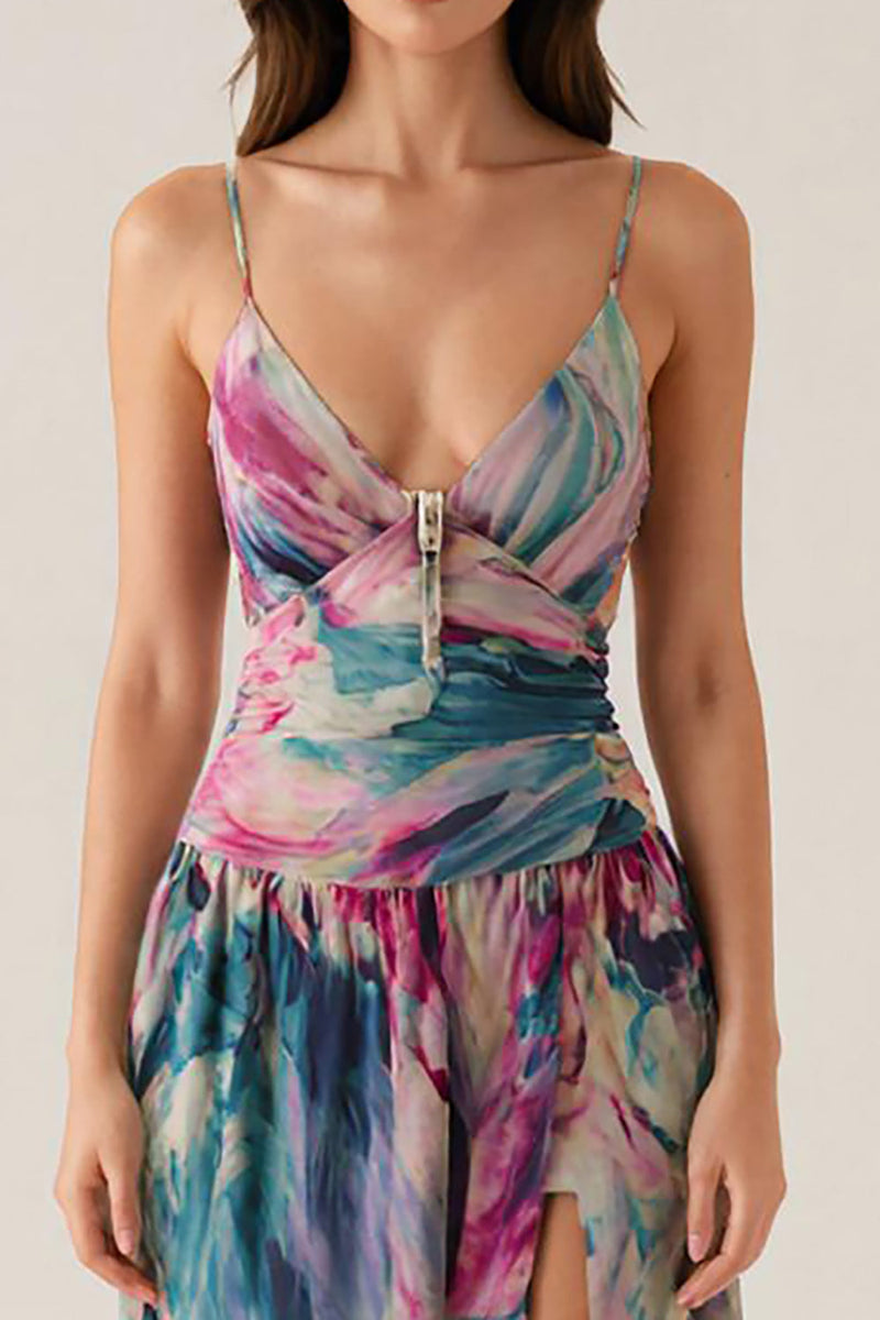 Laden Sie das Bild in den Galerie-Viewer, Lila Spaghettiträger Bedrucktes Ballkleid