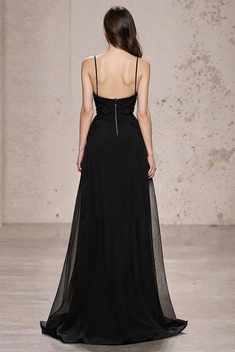 Laden Sie das Bild in den Galerie-Viewer, A Linie Spaghettiträger Schwarzes Krawatten Kleid mit Schlitz