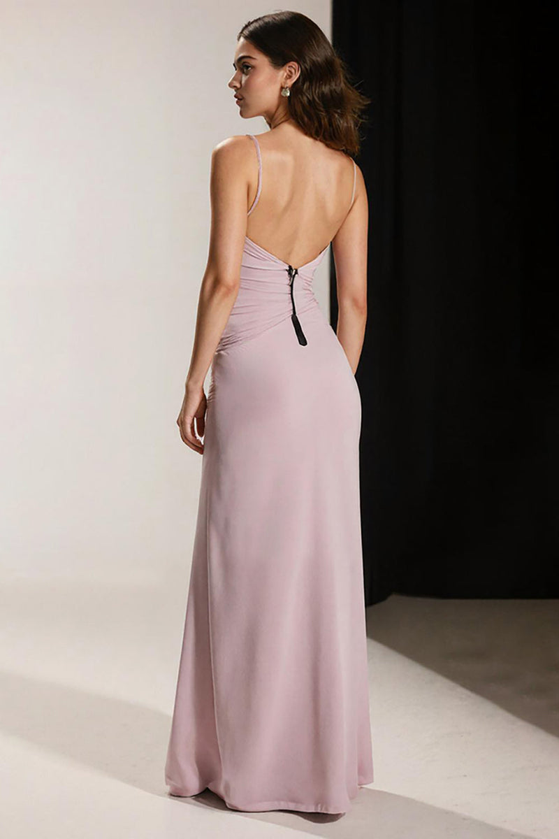 Laden Sie das Bild in den Galerie-Viewer, Einfaches Hellrosa Etui Langes Abendkleid mit V-Ausschnitt