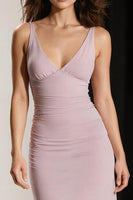 Laden Sie das Bild in den Galerie-Viewer, Einfaches Hellrosa Etui Langes Abendkleid mit V-Ausschnitt