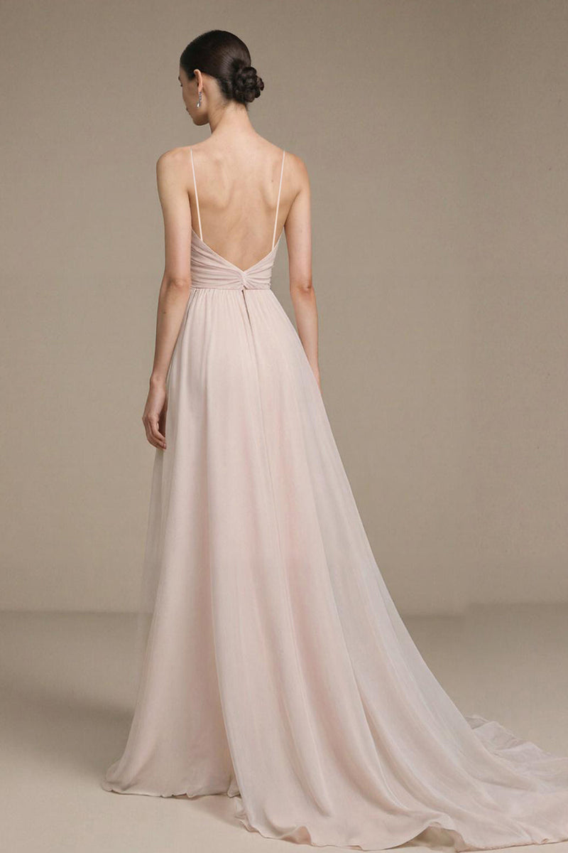 Laden Sie das Bild in den Galerie-Viewer, Einfaches Hellrosa Langes Spaghettiträger A Linie Ballkleid