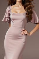 Laden Sie das Bild in den Galerie-Viewer, Hellrosa Satin Meerjungfrau Langes Hochzeitsgastkleid mit Ärmeln und quadratischem Ausschnitt