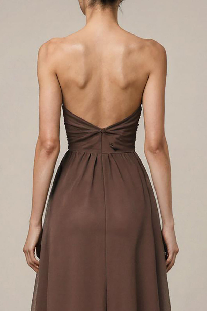 Laden Sie das Bild in den Galerie-Viewer, Braunes Satin Herzausschnitt Langes Abendkleid mit Schlitz