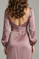 Laden Sie das Bild in den Galerie-Viewer, Vintage Malve Satin Abendkleid mit langen Ärmeln und Ausschnitt und Schlitz