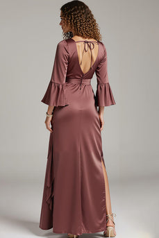 Kaffee Satin Etui Langes Abendkleid mit V-Ausschnitt und Schlitz