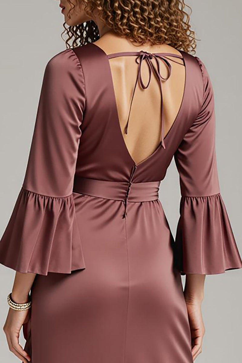 Laden Sie das Bild in den Galerie-Viewer, Kaffee Satin Etui Langes Abendkleid mit V-Ausschnitt und Schlitz