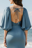 Laden Sie das Bild in den Galerie-Viewer, Himmelblaues Langes Ballkleid aus Satin mit V-Ausschnitt und Schlitz