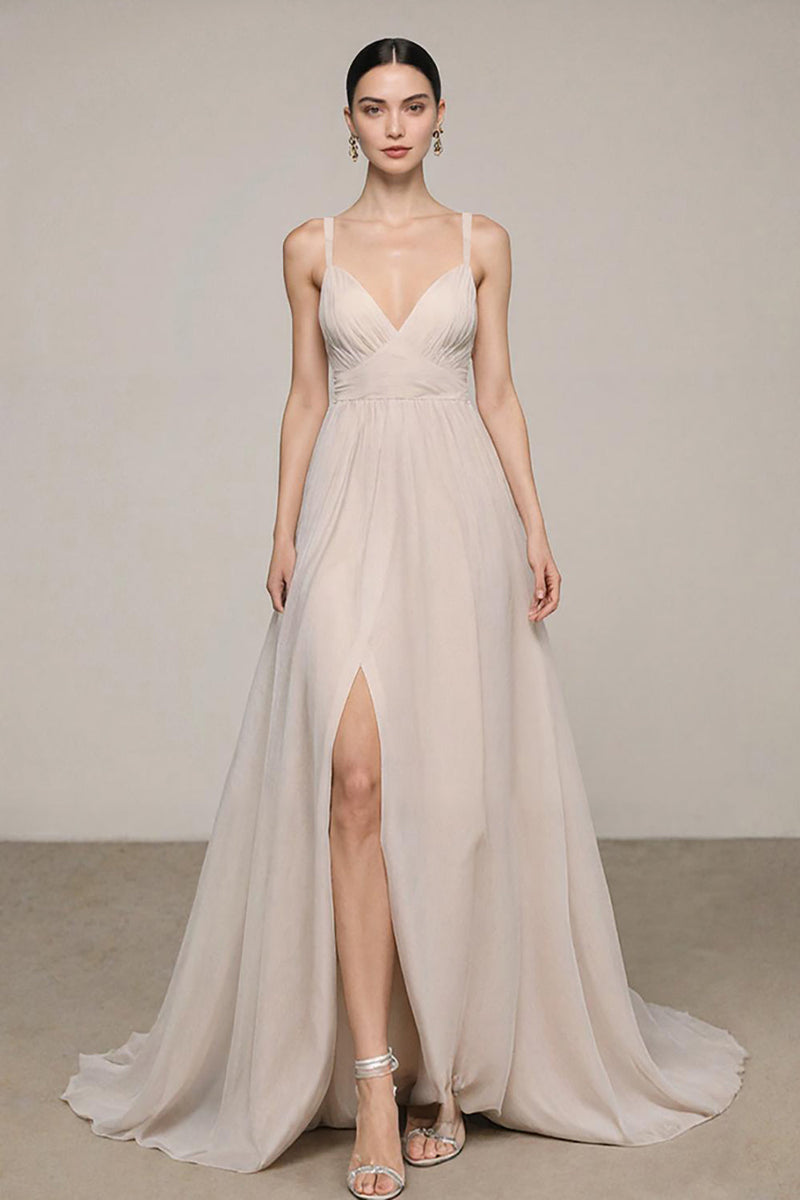 Laden Sie das Bild in den Galerie-Viewer, Elfenbein Langes Standesamtkleid mit V-Ausschnitt und Schlitz in A-Linie