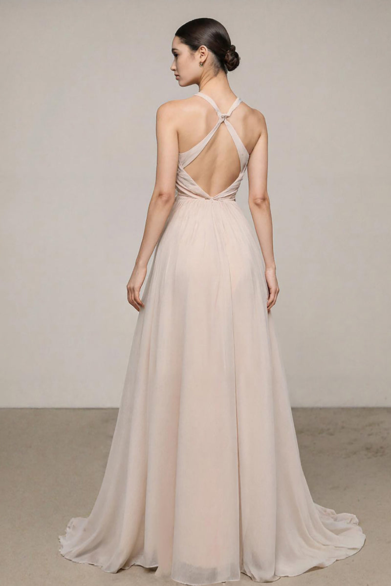 Laden Sie das Bild in den Galerie-Viewer, Elfenbein Langes Standesamtkleid mit V-Ausschnitt und Schlitz in A-Linie