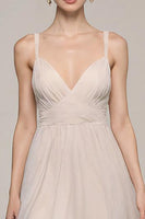 Laden Sie das Bild in den Galerie-Viewer, Elfenbein Langes Standesamtkleid mit V-Ausschnitt und Schlitz in A-Linie