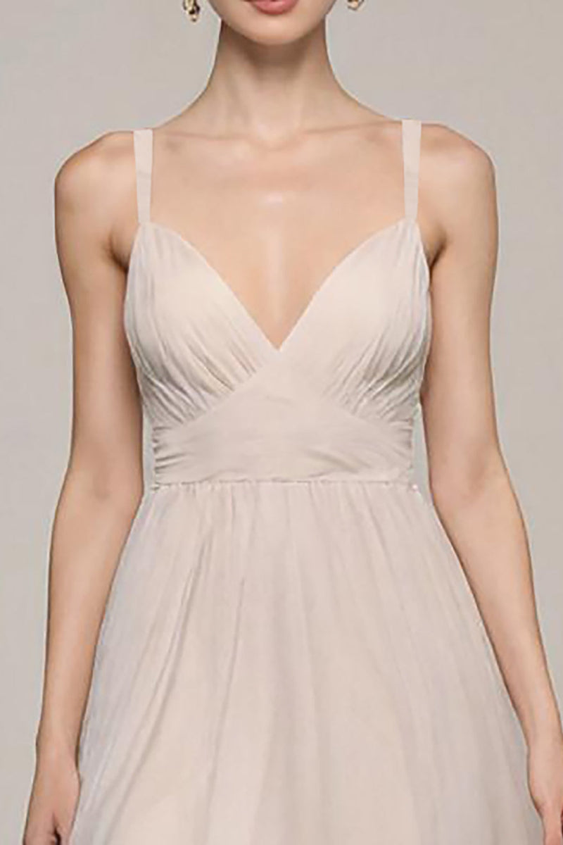 Laden Sie das Bild in den Galerie-Viewer, Elfenbein Langes Standesamtkleid mit V-Ausschnitt und Schlitz in A-Linie